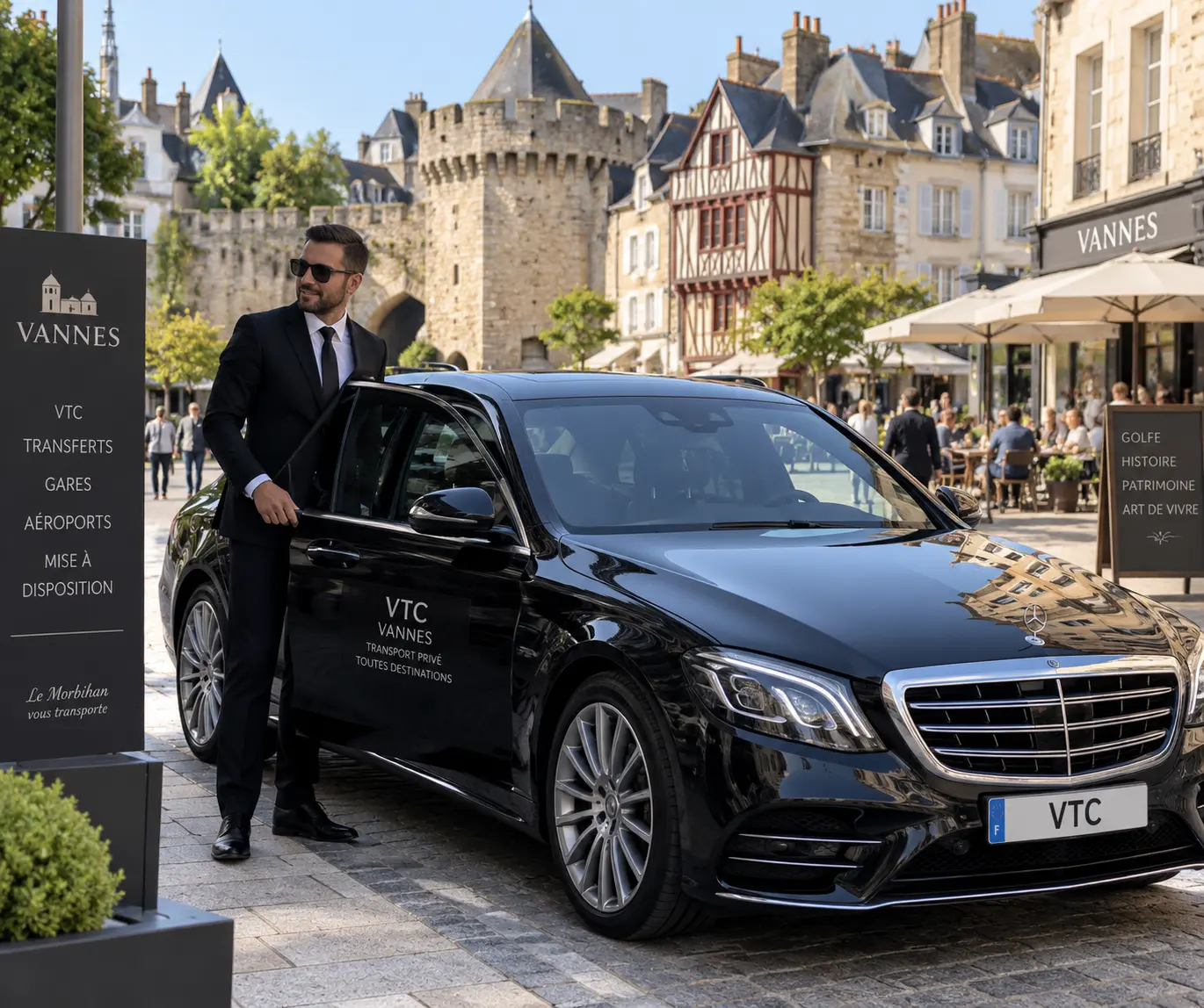 Chauffeur VTC Hermine Cab en costume ouvrant la portière d'une berline noire devant les remparts et les maisons à colombages du centre historique de Vannes, dans le Morbihan