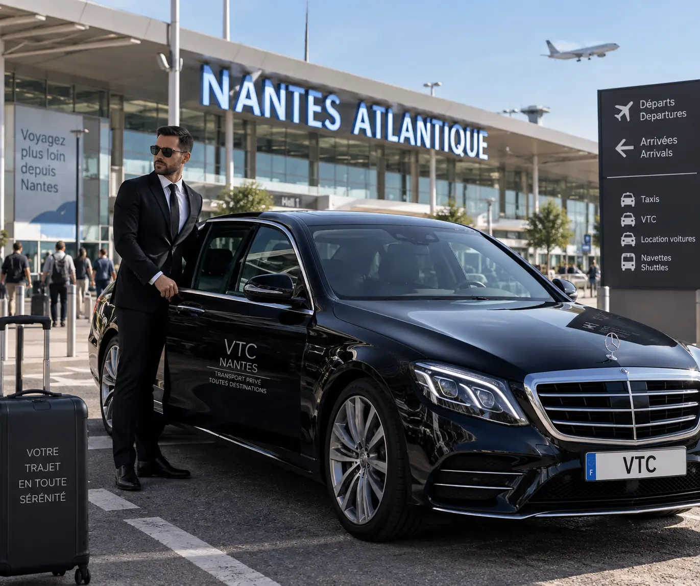 Chauffeur Hermine Cab en costume devant une berline noire à l'aéroport de Nantes Atlantique, panneaux Départs et Arrivées et valise de voyage, pour un transfert depuis Vannes