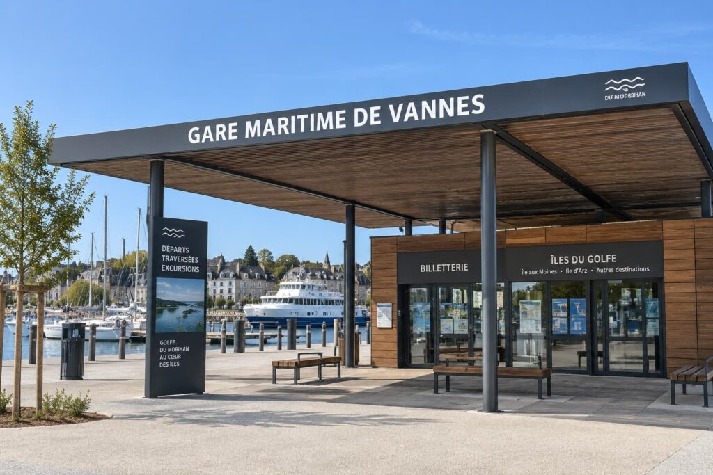 Gare maritime de Vannes : billetterie et embarquement pour les îles du Golfe du Morbihan, avec un bateau à quai