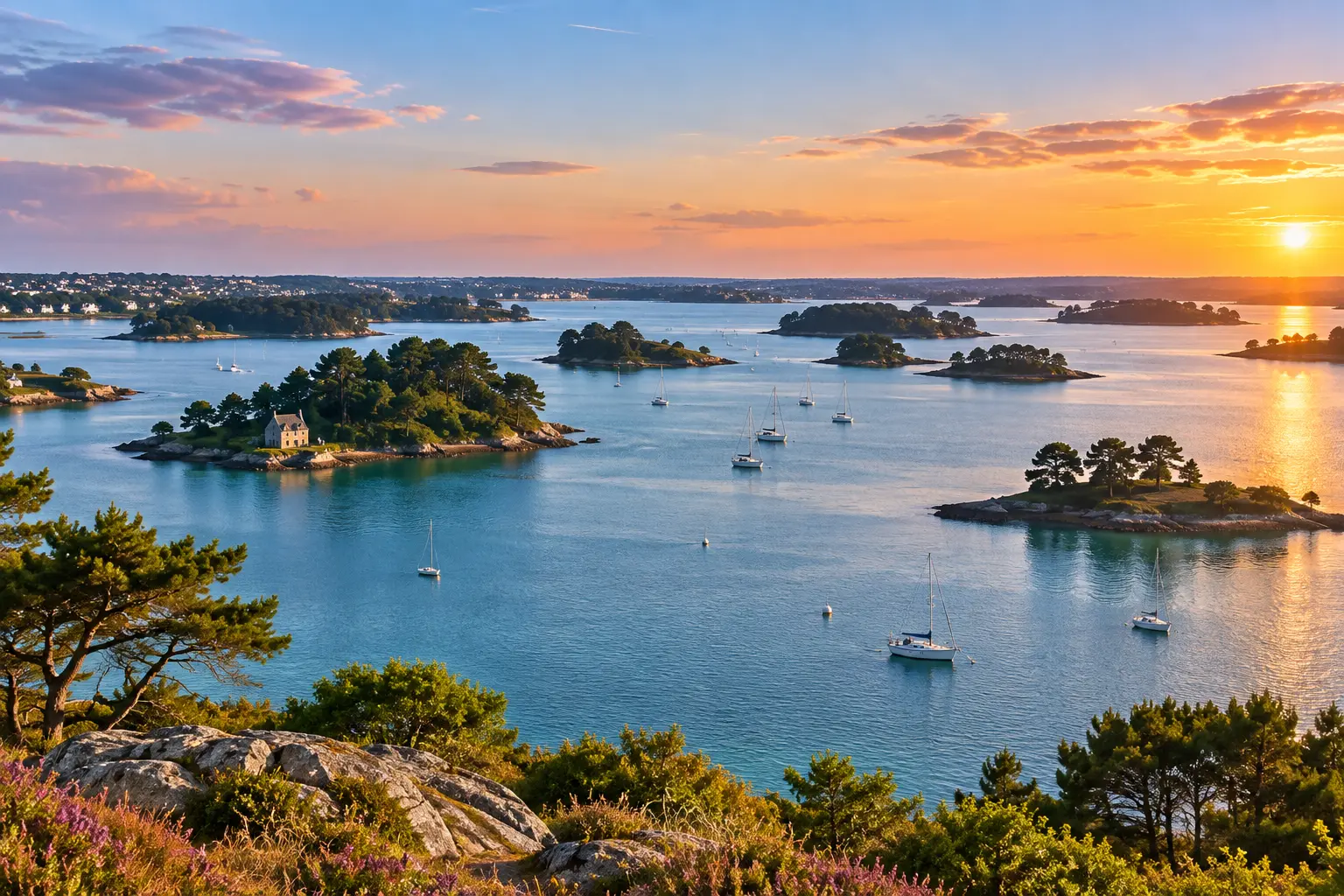 Coucher de soleil sur le Golfe du Morbihan : îles boisées, voiliers au mouillage et pins maritimes, au départ de Vannes en taxi ou en VTC