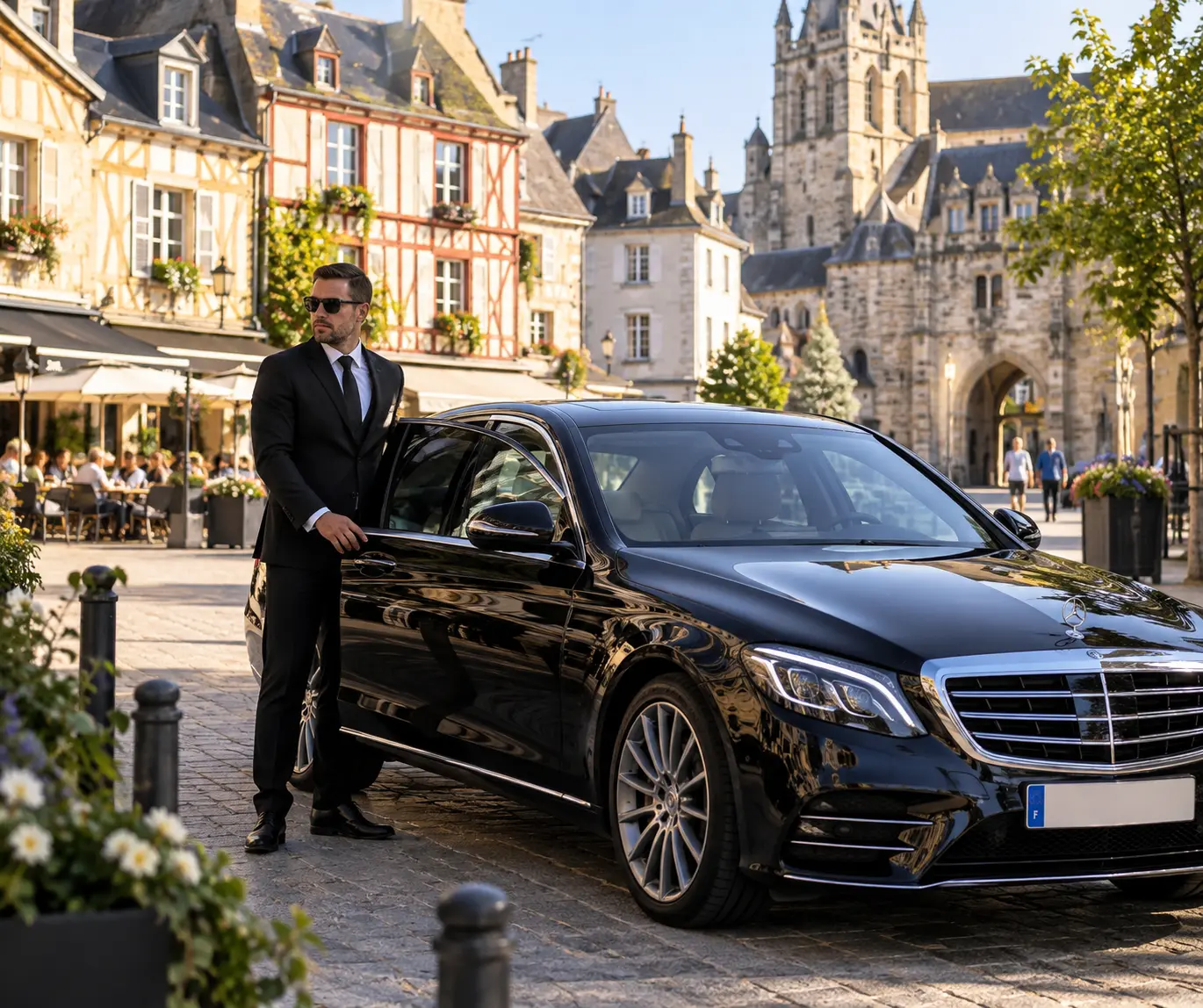 Chauffeur Hermine Cab en costume devant une berline noire sur une place pavée du centre historique de Vannes, maisons à colombages et terrasses de café