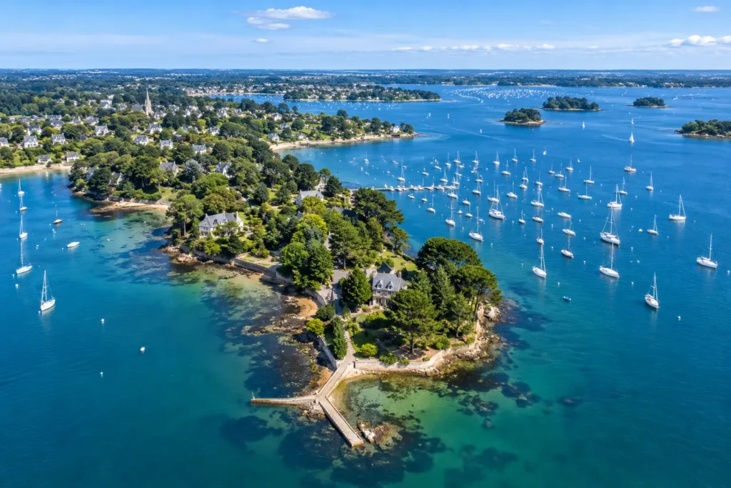 Vue aérienne de la pointe d'Arradon face aux îles du golfe du Morbihan, avec les voiliers au mouillage