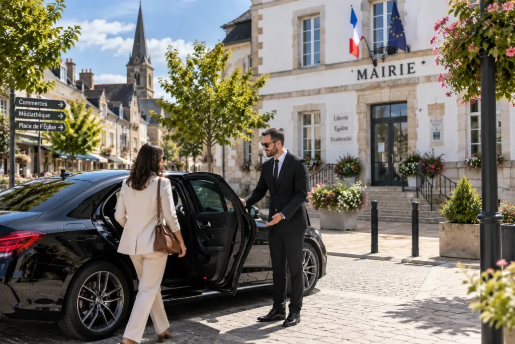 Un chauffeur VTC Hermine Cab dépose ses passagers à Elven, commune du Morbihan connue pour sa forteresse de Largoët