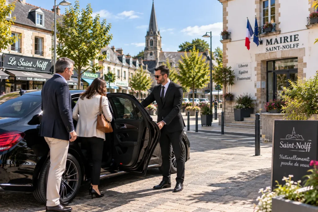Un chauffeur VTC Hermine Cab raccompagne ses passagers dans le bourg de Saint-Nolff, près de Vannes