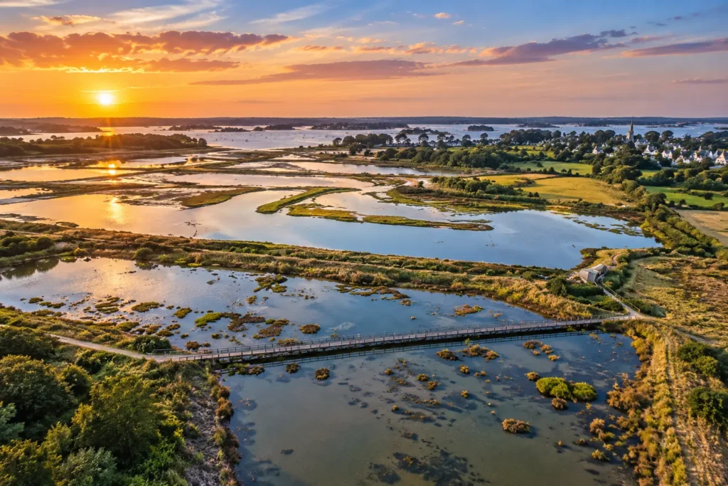 Les marais de Séné au coucher du soleil, anciens marais salants devenus réserve naturelle au bord du golfe du Morbihan