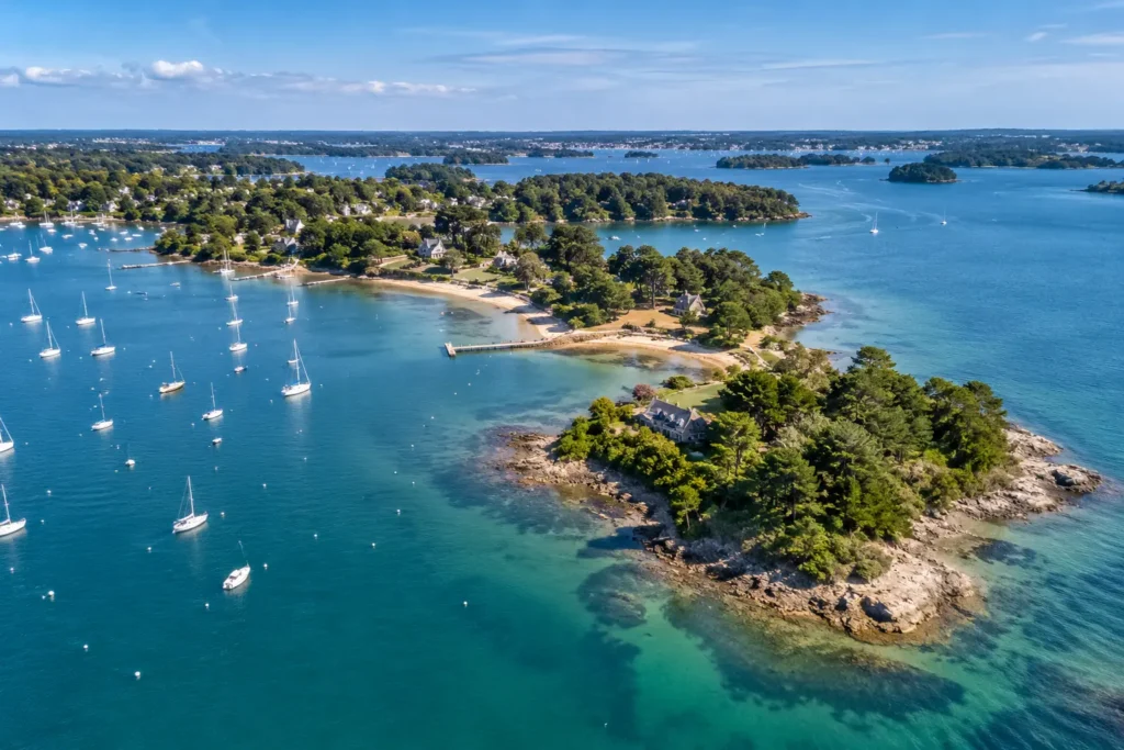 Vue aérienne de Port-Blanc à Baden, point de départ du passage vers l'Île-aux-Moines dans le golfe du Morbihan