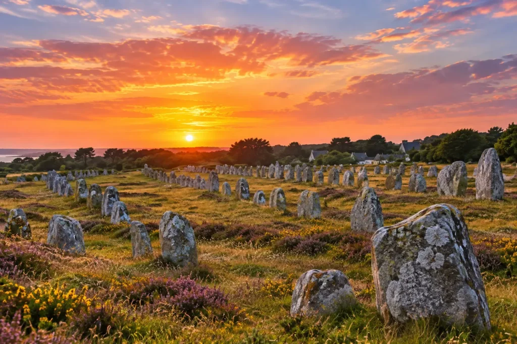 Coucher de soleil sur les alignements de menhirs de Carnac, destination des courses taxi et VTC au départ de Vannes